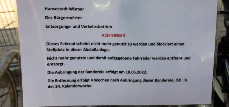 Aufgepasst: Nicht genutzte Fahrräder am Wismarer Bahnhof werden entfernt